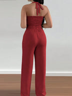 Women's Halter Crop Top & Wide-Leg Pants Set - Comfortable Woven Material