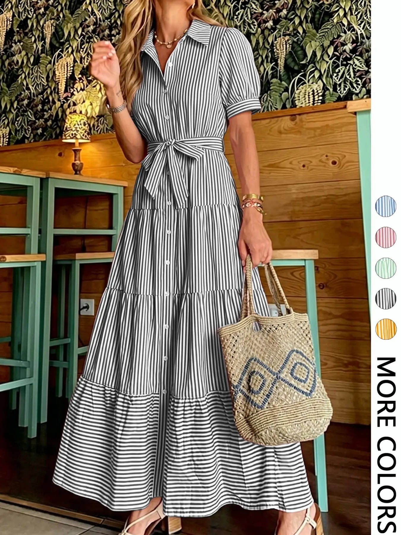 Women's Striped Print Adjustable Belted Button Dress, Elegant Chic Casual Fashion Long Dress for Summer, Breathable Lightweight Dress, Women's Clothing for Daily Wear, Fit, Womenswear, Maxi