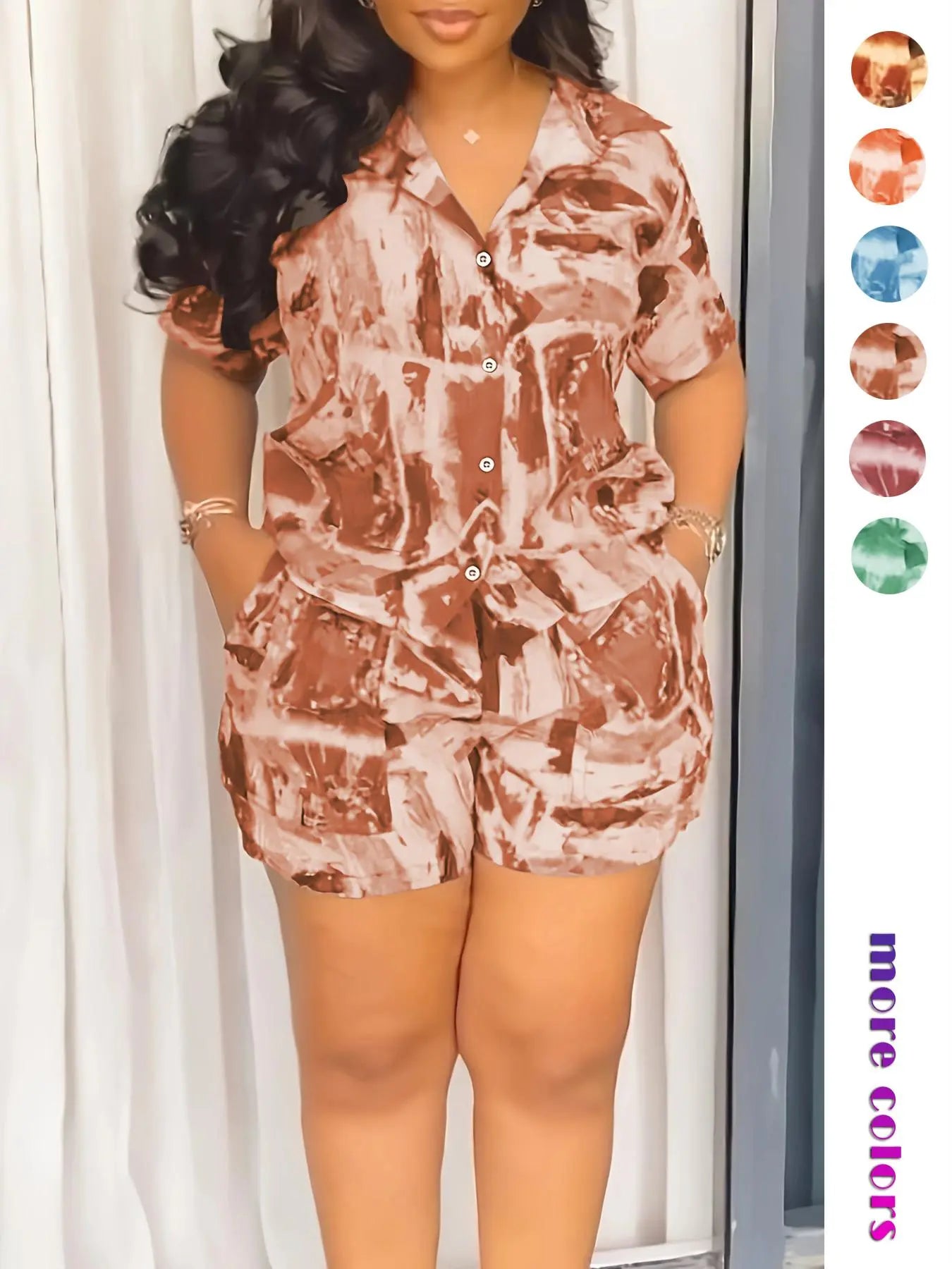 Two-piece Set Women's All Over Print Short Sleeve Shirt & Shorts