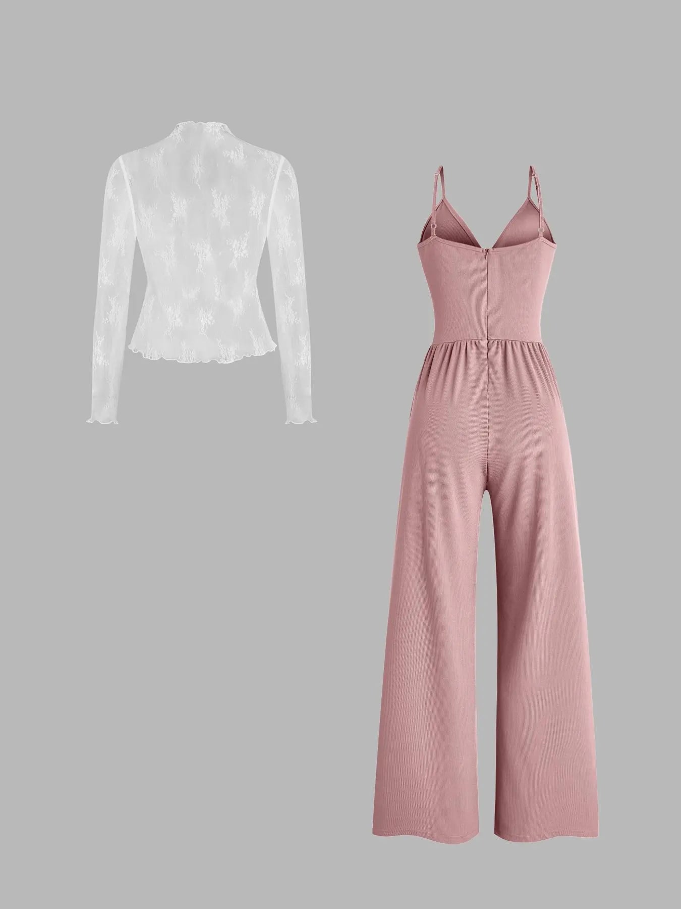 Valentine's Day Two-piece Set Women's Fitted Solid Color Lettuce Trim Mock Neck Sheer Lace Top & Pocket Wide Leg Cami Jumpsuit, Elegant Fashion Casual Two Piece Outfits for Daily Outdoor Wear, Women Clothes for Spring Fall, Womenswear Sleeves Lady