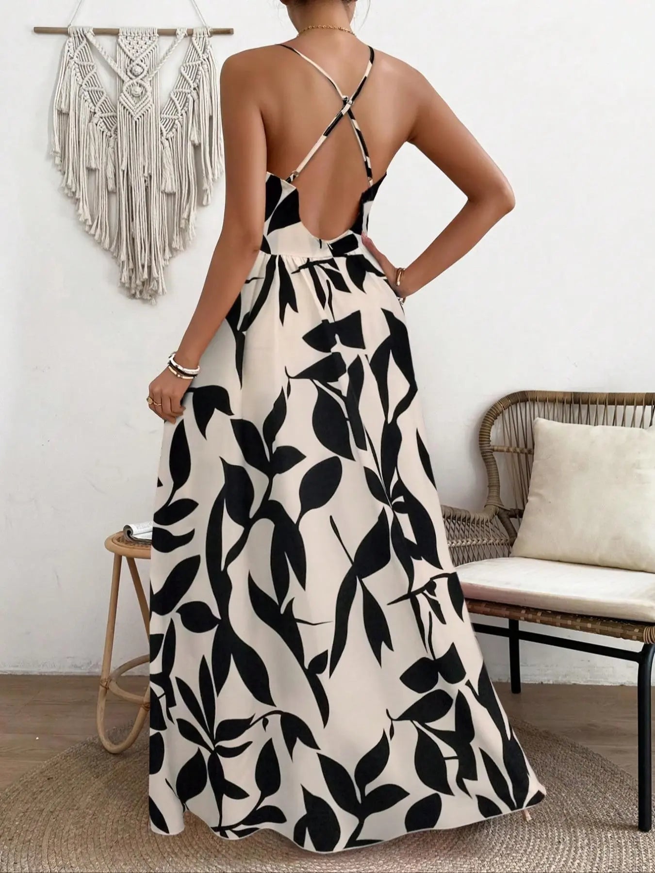 Women's All Over Print Deep V Neck Sleeveless Backless Cami Maxi Dress, Beachwear Dress, Elegant Adjustable Strap Criss Cross A Line Dress for Beach Holiday Vacation, Ladies Summer Clothes