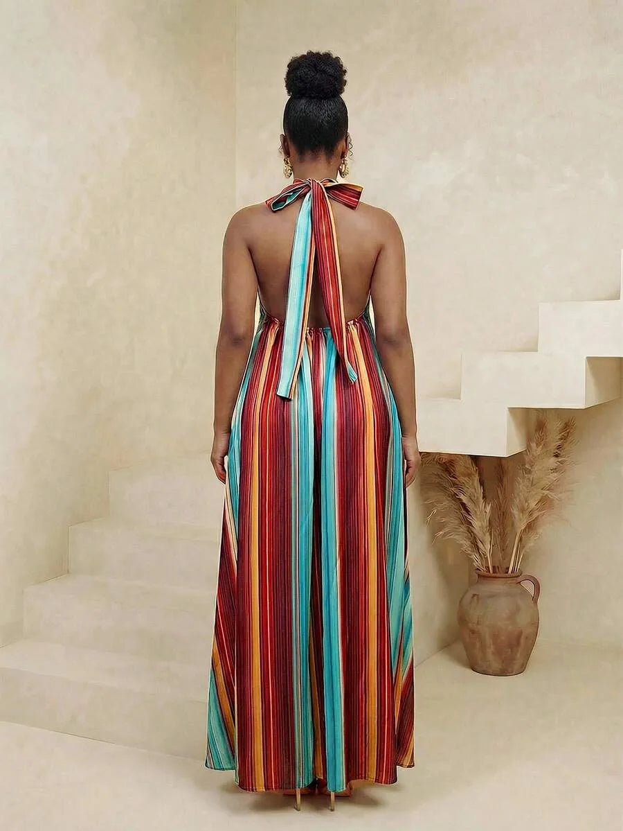 BamGlimmer Women's Colorful Striped Backless Dress For Vacation Resort Wear Multicolor Dress Pleated Maxi Dress Juneteenth Dress Rainbow Dresses For Women