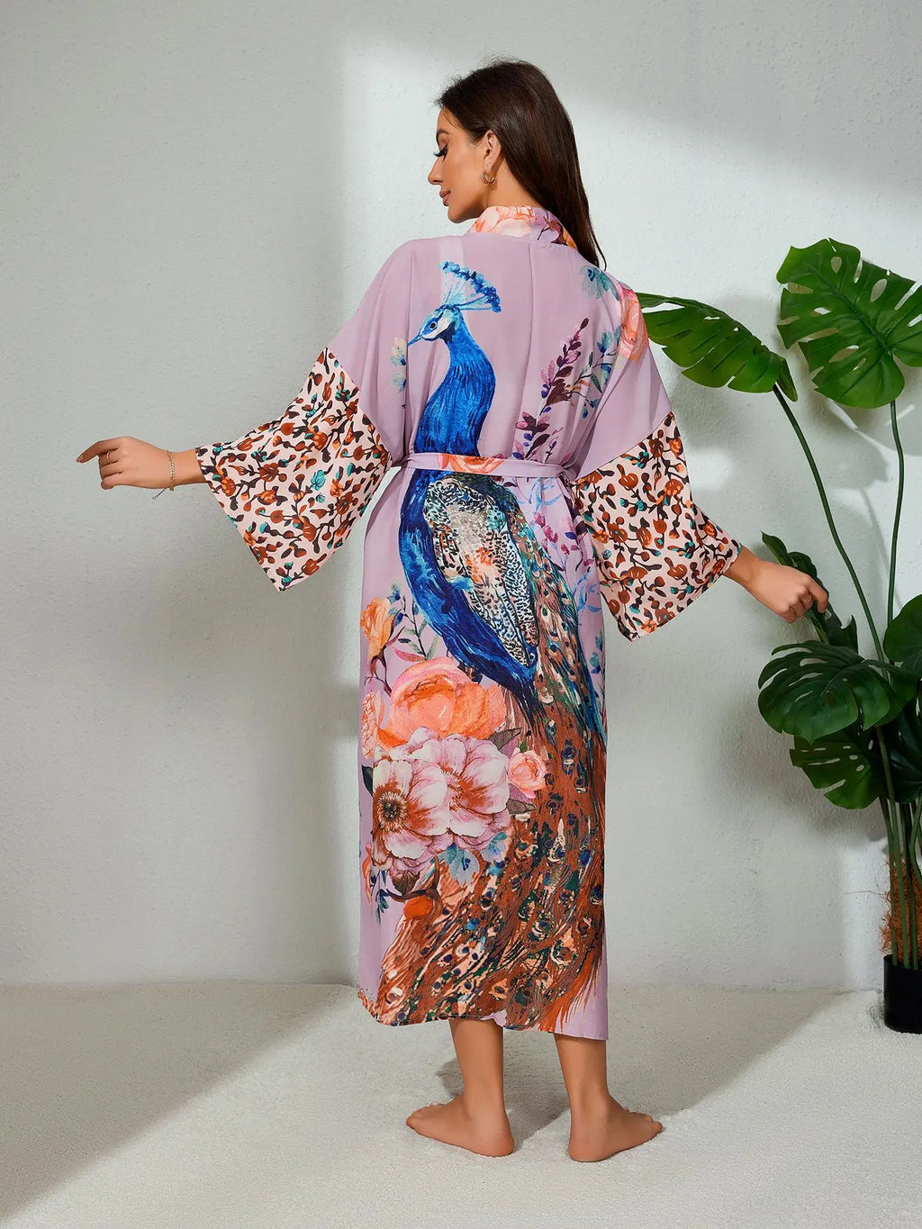 Plus Size Peacock & Floral Print Belted Wrap Kimono Cardigan, Casual Chic Style Split Hem Kimono Cardigan Sleeves, Women's Summer Swimwear for Beach Holiday Vacation