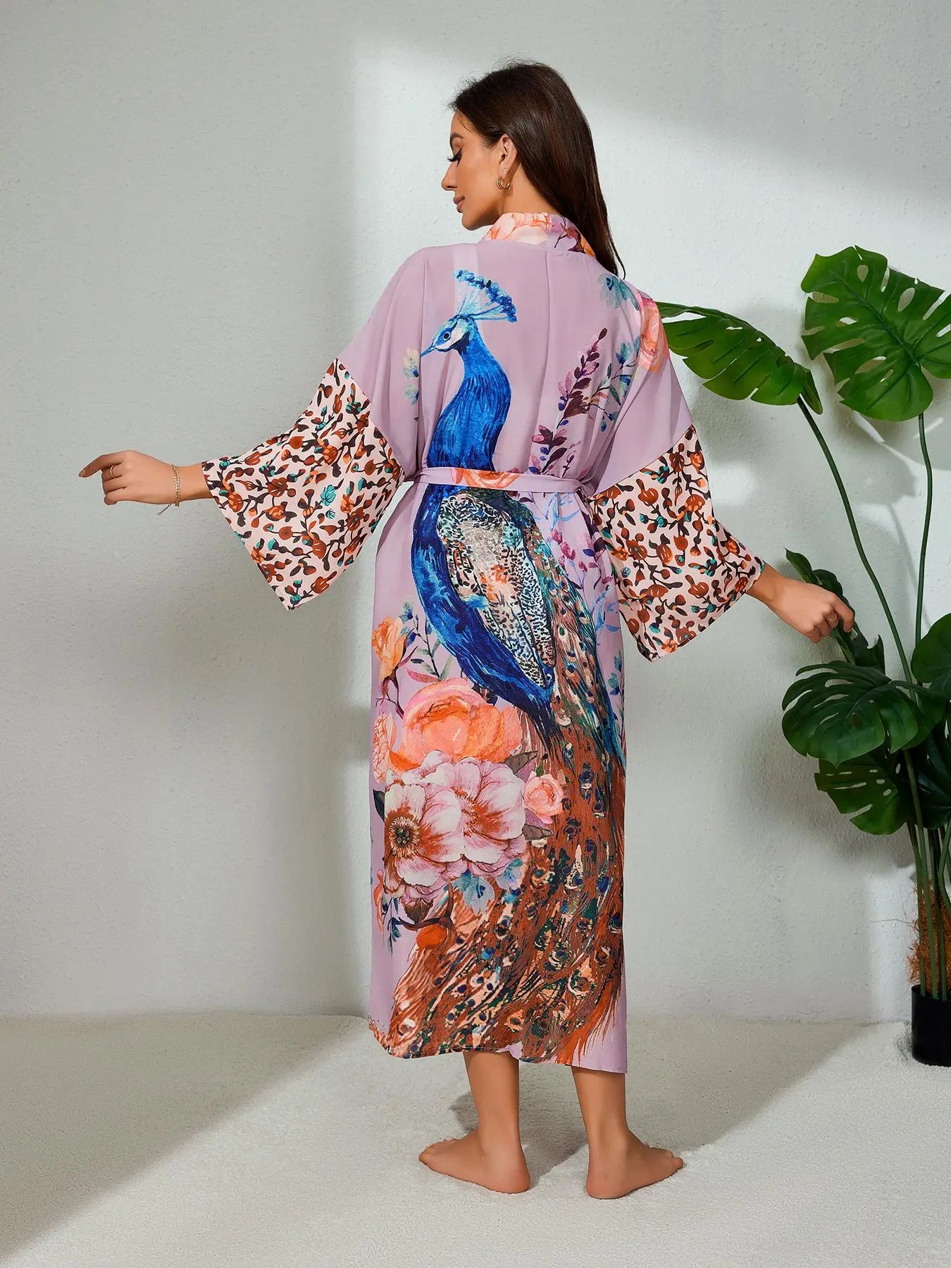 Plus Size Peacock & Floral Print Belted Wrap Kimono Cardigan, Casual Chic Style Split Hem Kimono Cardigan Sleeves, Women's Summer Swimwear for Beach Holiday Vacation