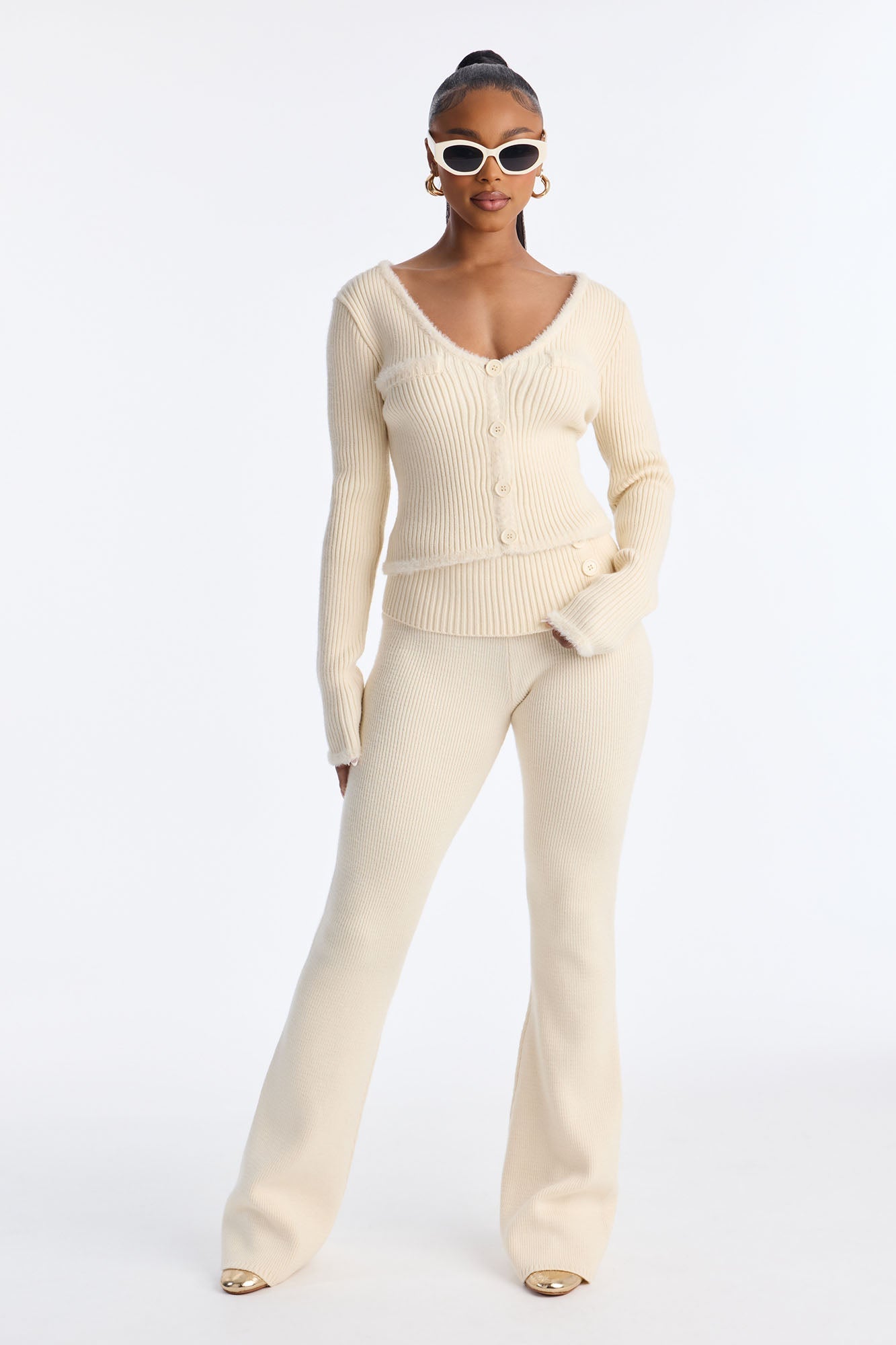 So Sweet Foldover Waist Flare Leg Pant Set - Cream