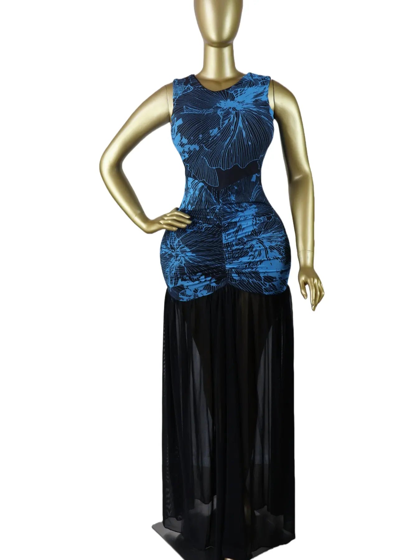 Women's Printed Ruched Stacked Bodycon Fitted A-Line Long Evening Dress, Fall Winter Holiday Party Gown, Elegant Chic Formal Party Wear, Prom Evening Gown, Bodycon Sleeveless Dress