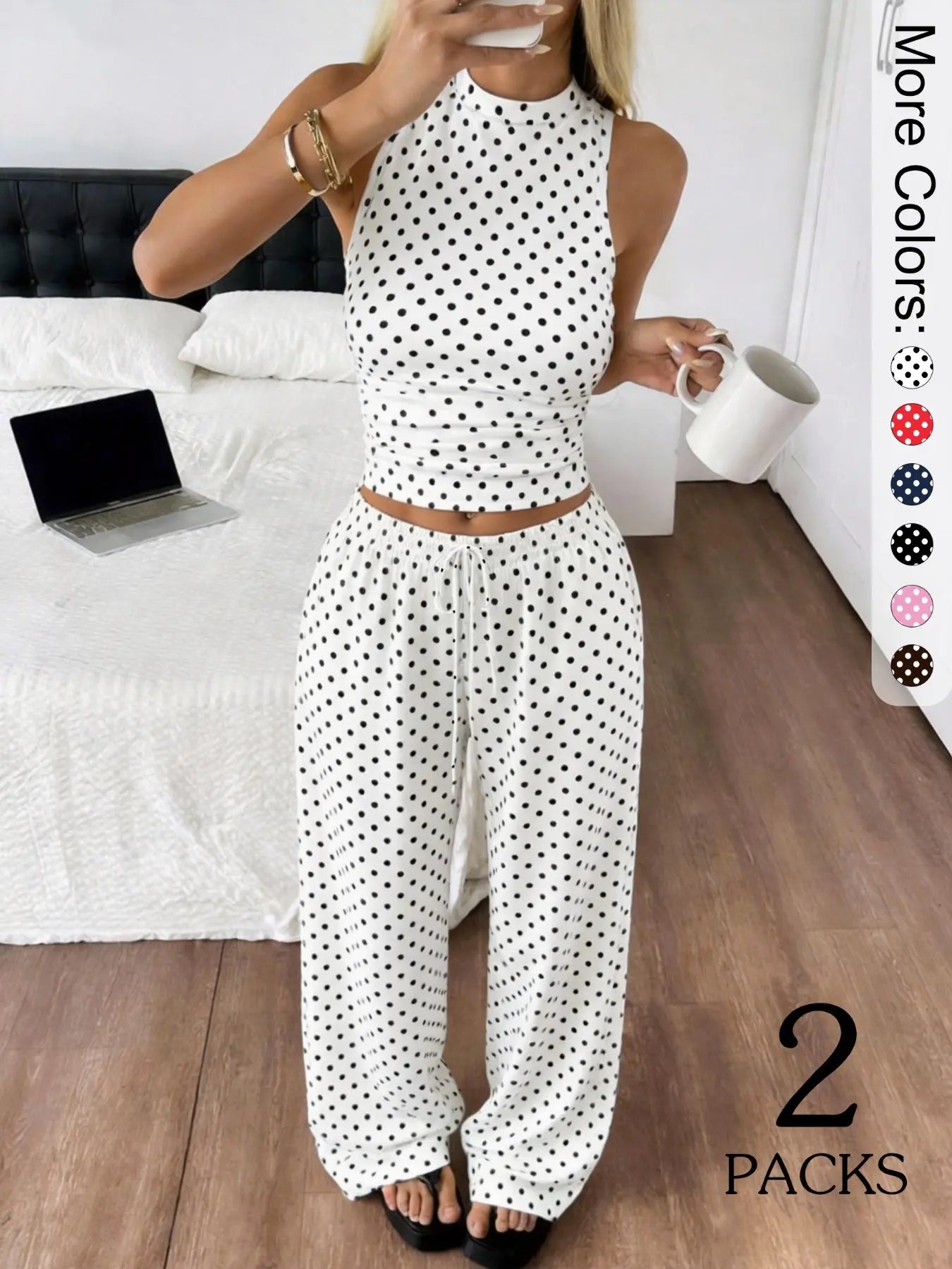 2 Pack Women's Polka Dot Loungewear Set, Sleeveless High Neck Crop Top & Wide Leg Pants, Clean Girl Style Minimalist Summer Outfits with Drop Waist, Slim Fit Lingerie Outfit for Daily Wear & Casual Lounging
