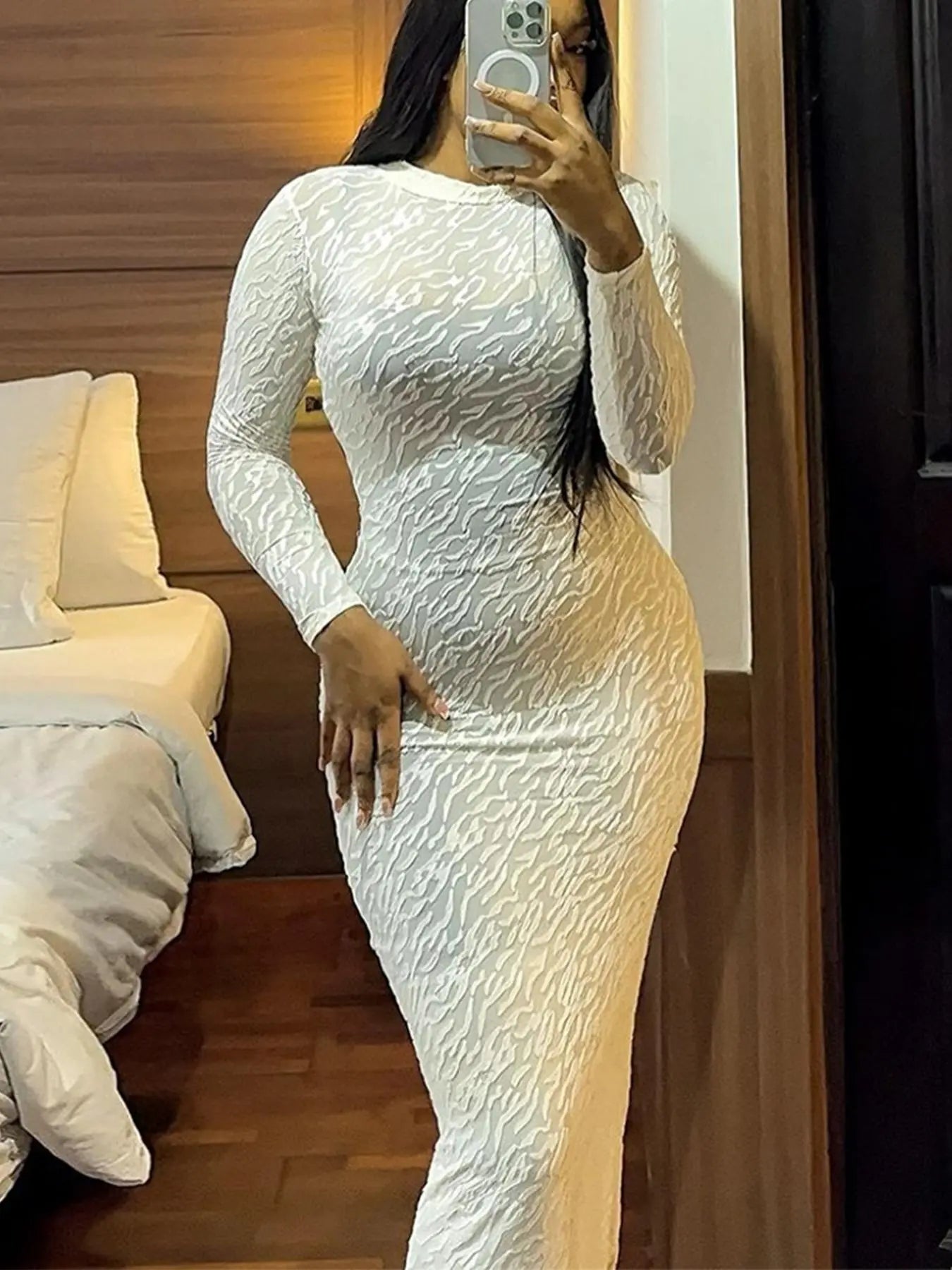 Women's Plain Solid Long Sleeve Bodycon Dress, Casual Fashion Mock Neck Maxi Dress for Daily Wear, Ladies Clothes for Spring