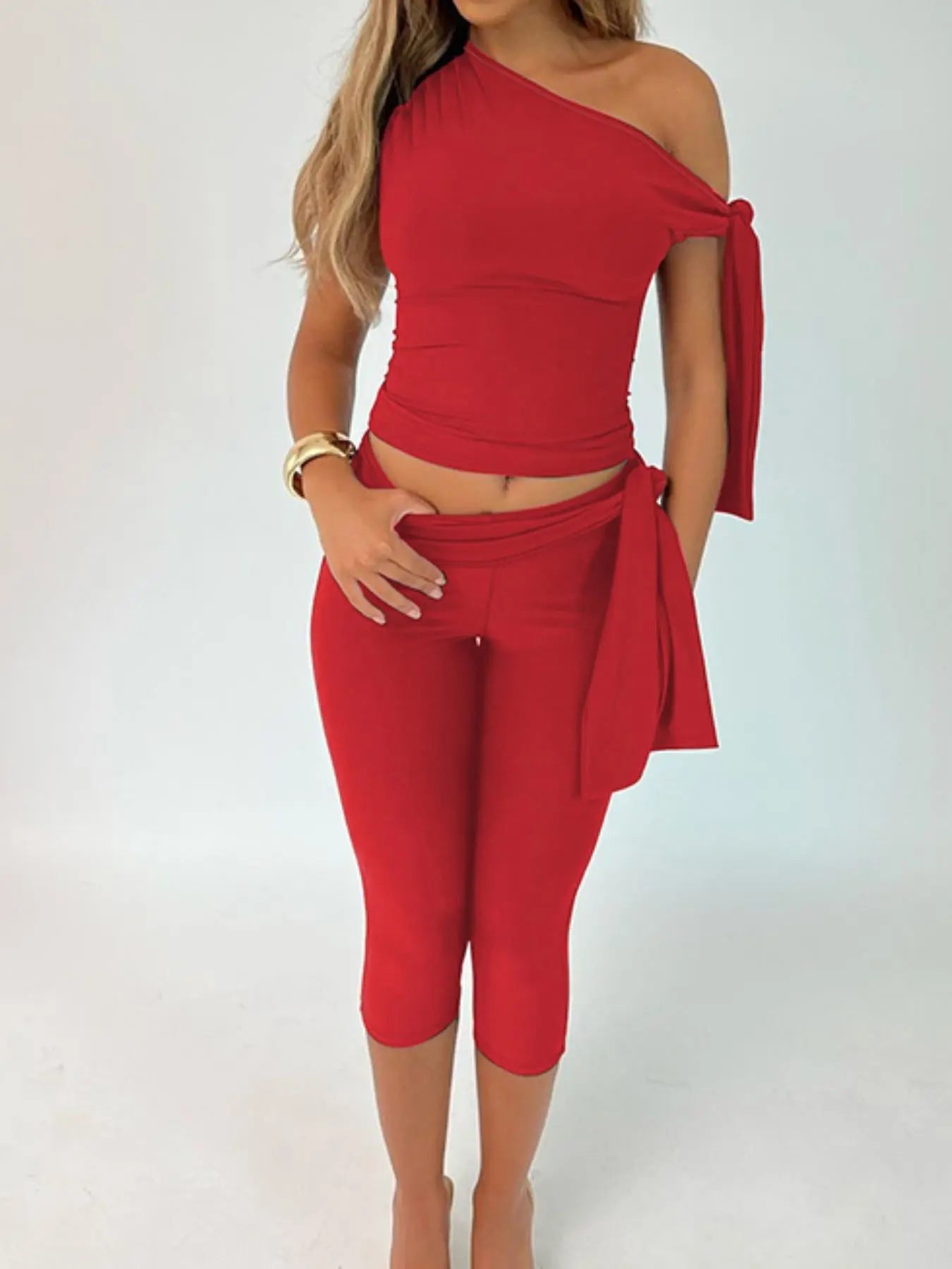 Women's Solid Asymmetrical Neck Knot Design Fitted Sleeveless Top & High Waist Capri Pants Two-piece Set, Elegant Chic Fashion Basic Ruched Top & Skinny Capri Trousers for Daily Outdoor Wear