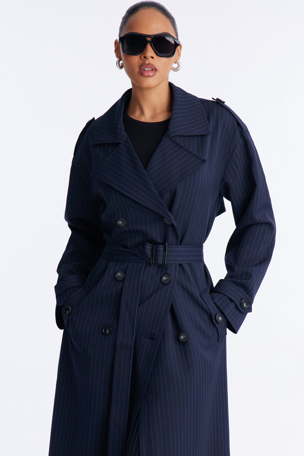 Elorea Belted Pinstripe Trench Coat - Navy/combo
