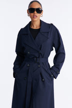 Elorea Belted Pinstripe Trench Coat - Navy/combo