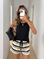 LUNE Women's Casual Brown Striped 2 Pieces Set,Sleeveless Tank Top & Shorts,Summer Beach Holiday Outfits,Comfortable Matching Sets,Vacation Outfits Women