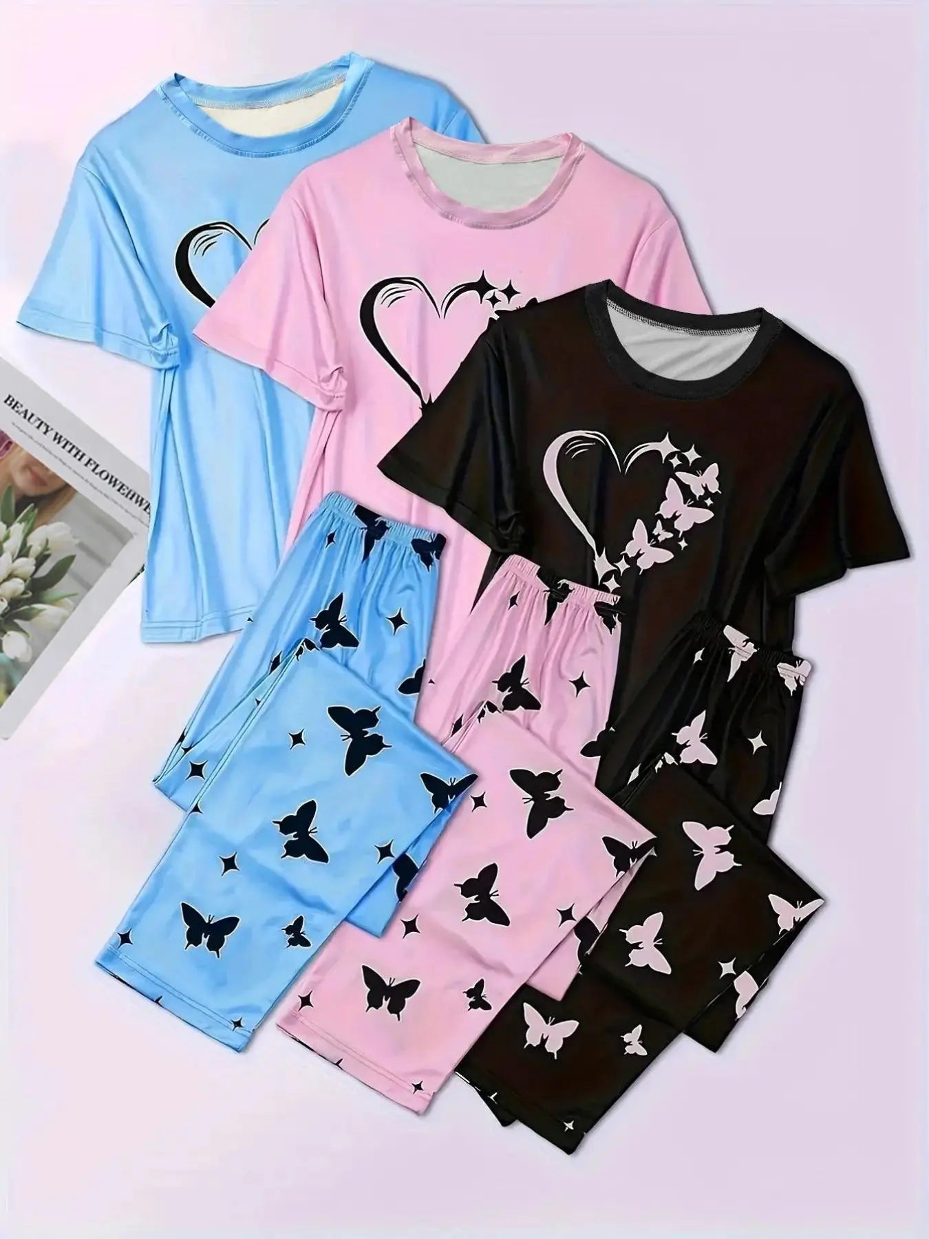 6 Counts Women's Heart & Butterfly Print Pyjama Set