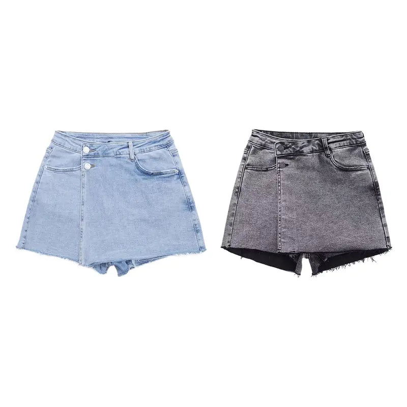 KatchMe Women's Casual Layered High Waist Raw Hemline Durable Denim Skorts, Street Style Jeans, Lightweight Wrinkle-Resistant Bottom, Figure Flattering Stretchy Womenswear, Summer Shorts