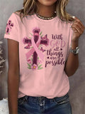 Retro Breast Cancer Awareness Pink Ribbon With God All Things Are Possible Print T-Shirt