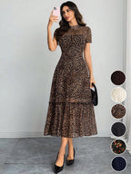 Women's Sexy Leopard Print Elegant Round Neck Mesh Skirt Dress, Stylish Casual Fashion, Perfect for Parties and Daily Wear