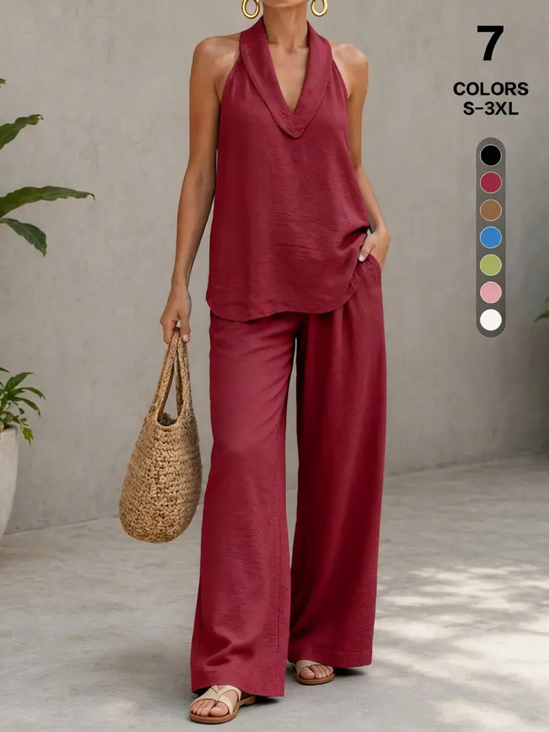 Comfy Chic Women's Summer Faux Linen Halter V-Neck Top & High Waist Wide Leg Pants Set - Breathable Everyday Urban Lounge Wear for Going Out
