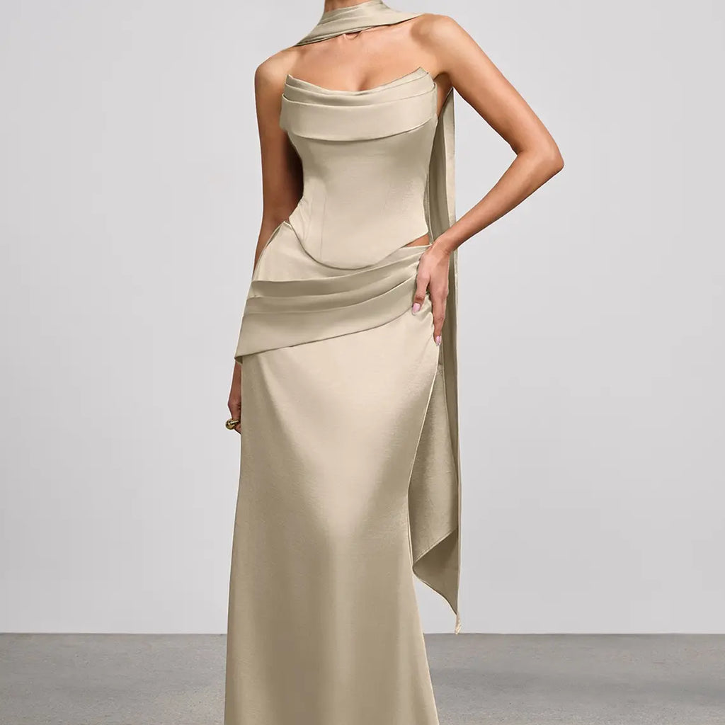 Azazie Sorrel Corset Lace-up Mermaid Wedding Guest Evening Luminous Satin Maxi Dress Minimalist