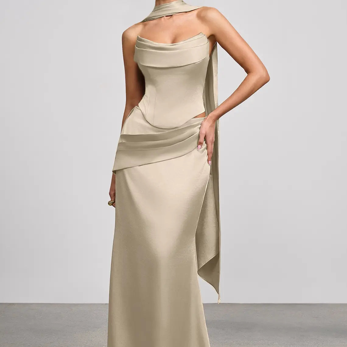 Azazie Sorrel Corset Lace-up Mermaid Wedding Guest Evening Luminous Satin Maxi Dress Minimalist