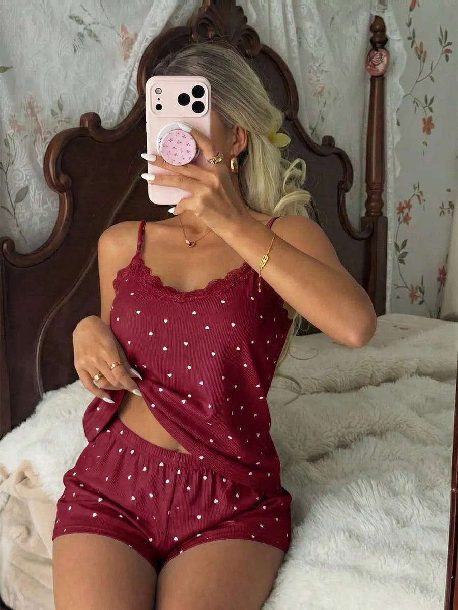 CottageSlumber Knitted Rib Fabric, Heart Print Patchwork With Lace Trim, Romantic Sweet Cute Sexy Camisole Women Summer Sets Outfit Pajamas Polka Dot Short Set PJS