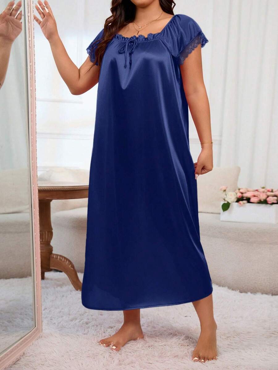 MuseNap CURVE Plus Size Women Pleated Square Collar Embroidered Satin Nightgown