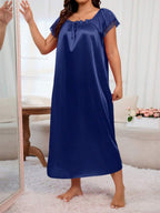 MuseNap CURVE Plus Size Women Pleated Square Collar Embroidered Satin Nightgown