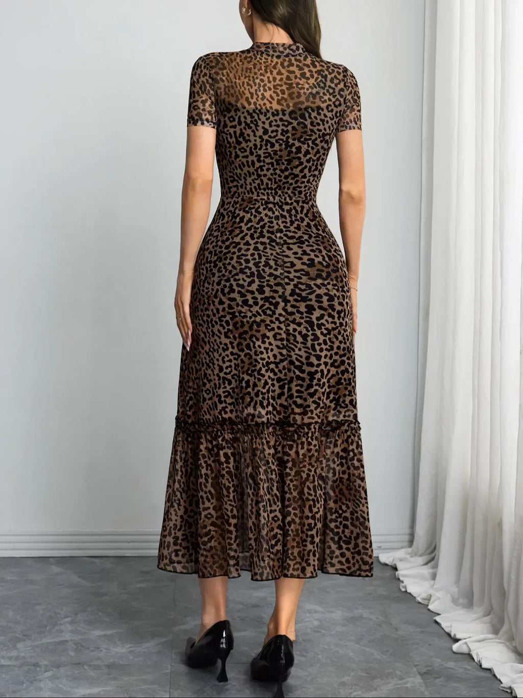 Women's Sexy Leopard Print Elegant Round Neck Mesh Skirt Dress, Stylish Casual Fashion, Perfect for Parties and Daily Wear