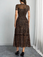 Women's Sexy Leopard Print Elegant Round Neck Mesh Skirt Dress, Stylish Casual Fashion, Perfect for Parties and Daily Wear