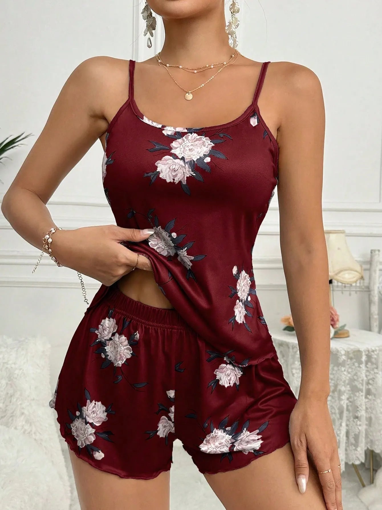 1set Women's Milk Silk Sleepwear Set, 140g Digital Printing