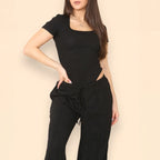 Women's Trendy Square Neck Shaping Bodysuit & High Waist Wide Leg Pockets Trousers Co-ord,Short Sleeve Shapewear,Two-Piece Outfit for Womenswear