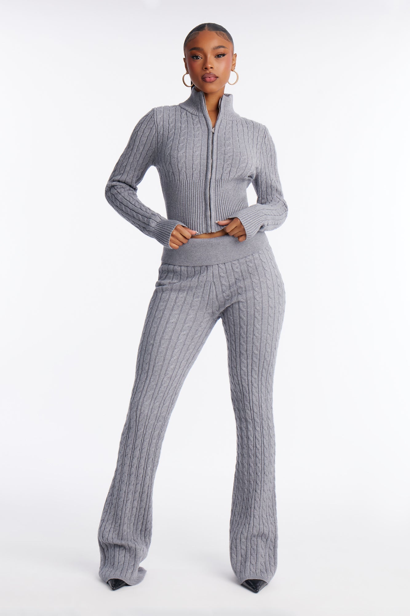 Caroline Mock Neck Cable Sweater Pant Set - Heather Grey