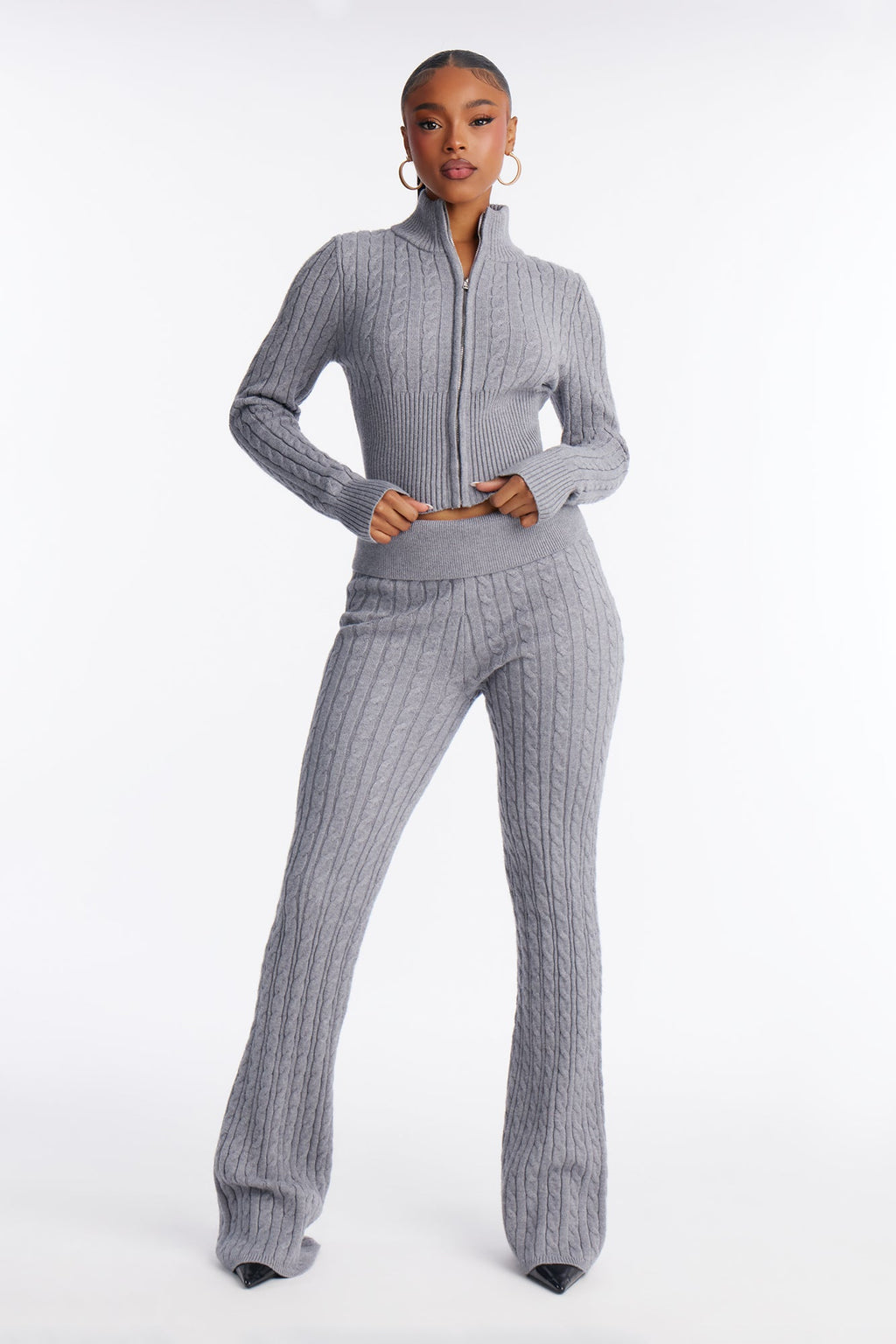 Caroline Mock Neck Cable Sweater Pant Set - Heather Grey