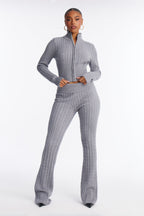 Caroline Mock Neck Cable Sweater Pant Set - Heather Grey
