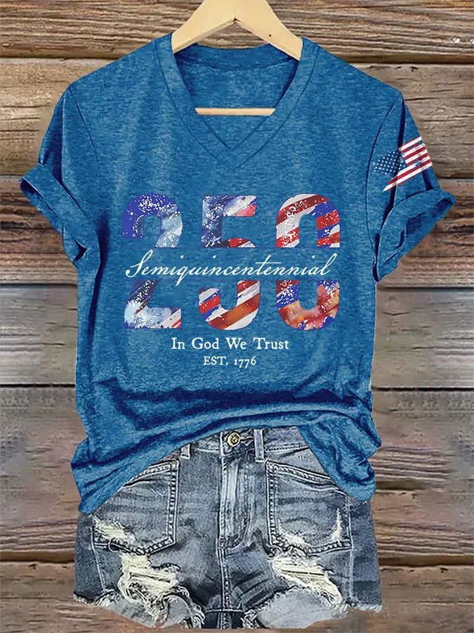 V-Neck Retro Semiquincentennial 250 In God We Trust Print T-Shirt