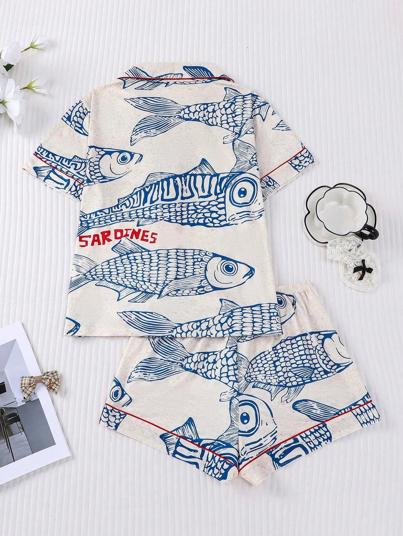 2pcs Women Pajama Set, Sardine Print, Ladies Homewear, Spring/Summer Holiday Outfit, Short Sleeve Lapel Top And Shorts Can Be Worn Outdoors