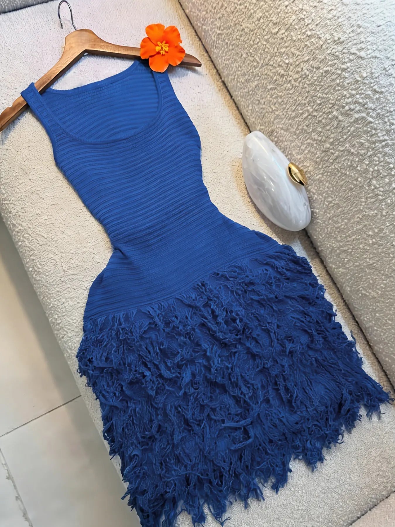 Elegant Knitted Bodycon Dress, Summer Vacation Fringe Skirt