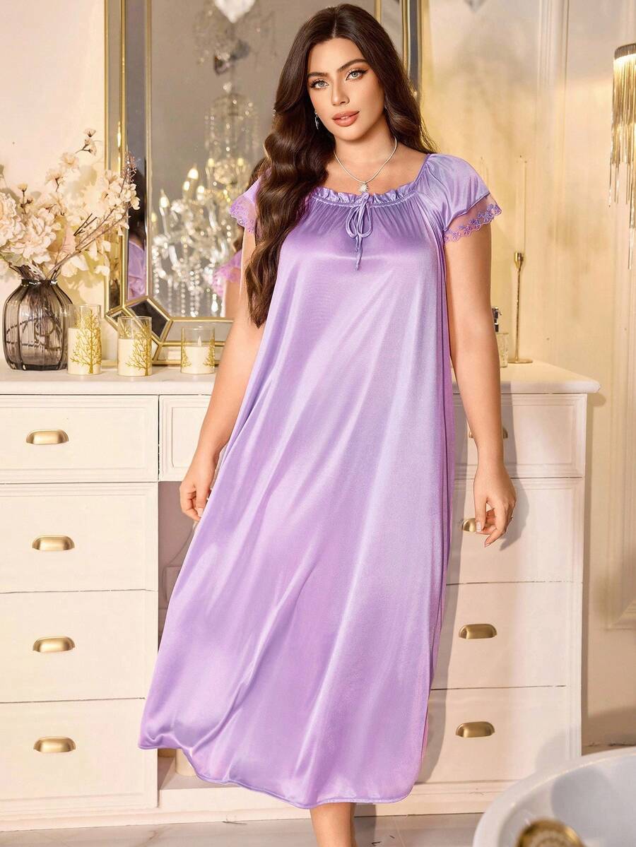 MuseNap CURVE Plus Size Women Pleated Square Collar Embroidered Satin Nightgown