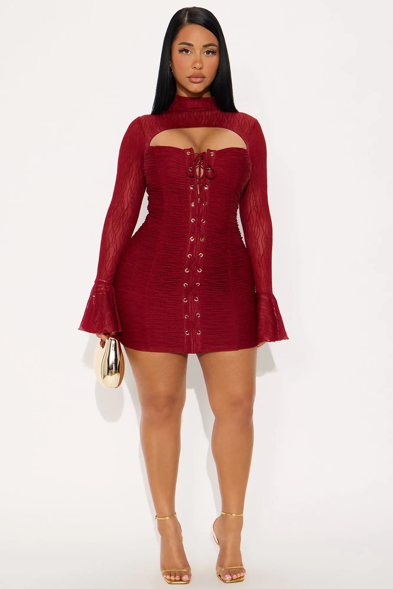 Kaity Lace Up Mesh Mini Dress - Wine