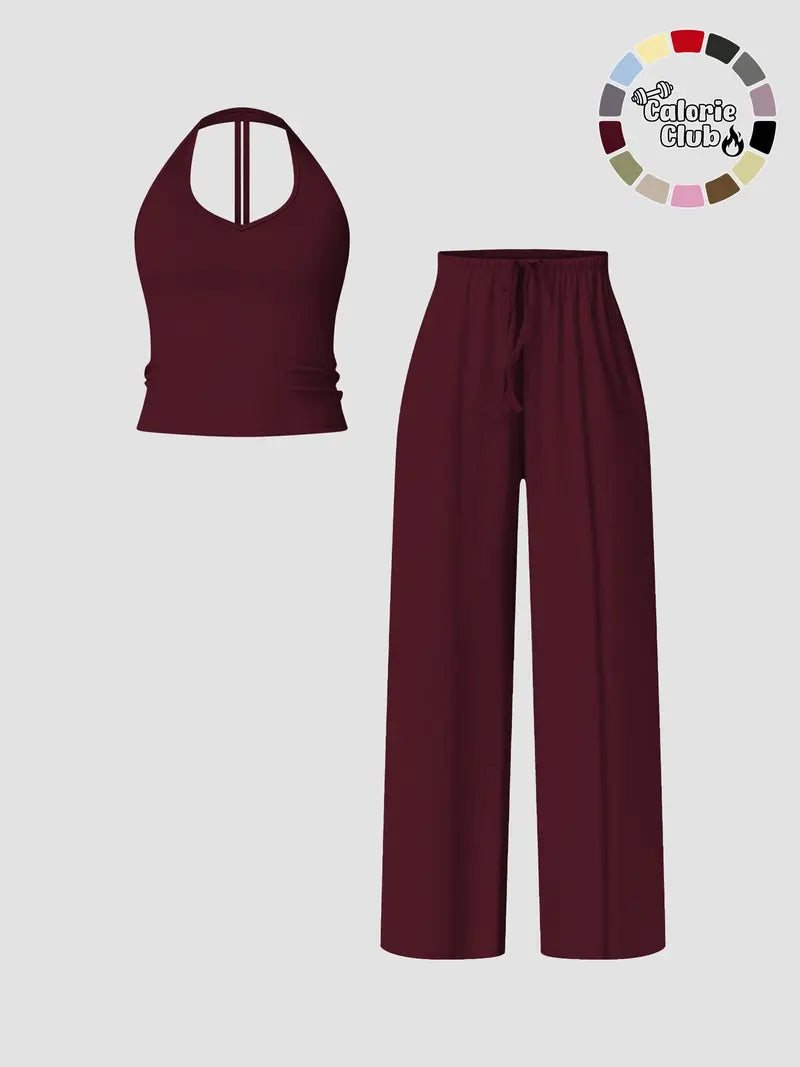 Women's Solid Crop Tank Top & Wide Leg Pants Set