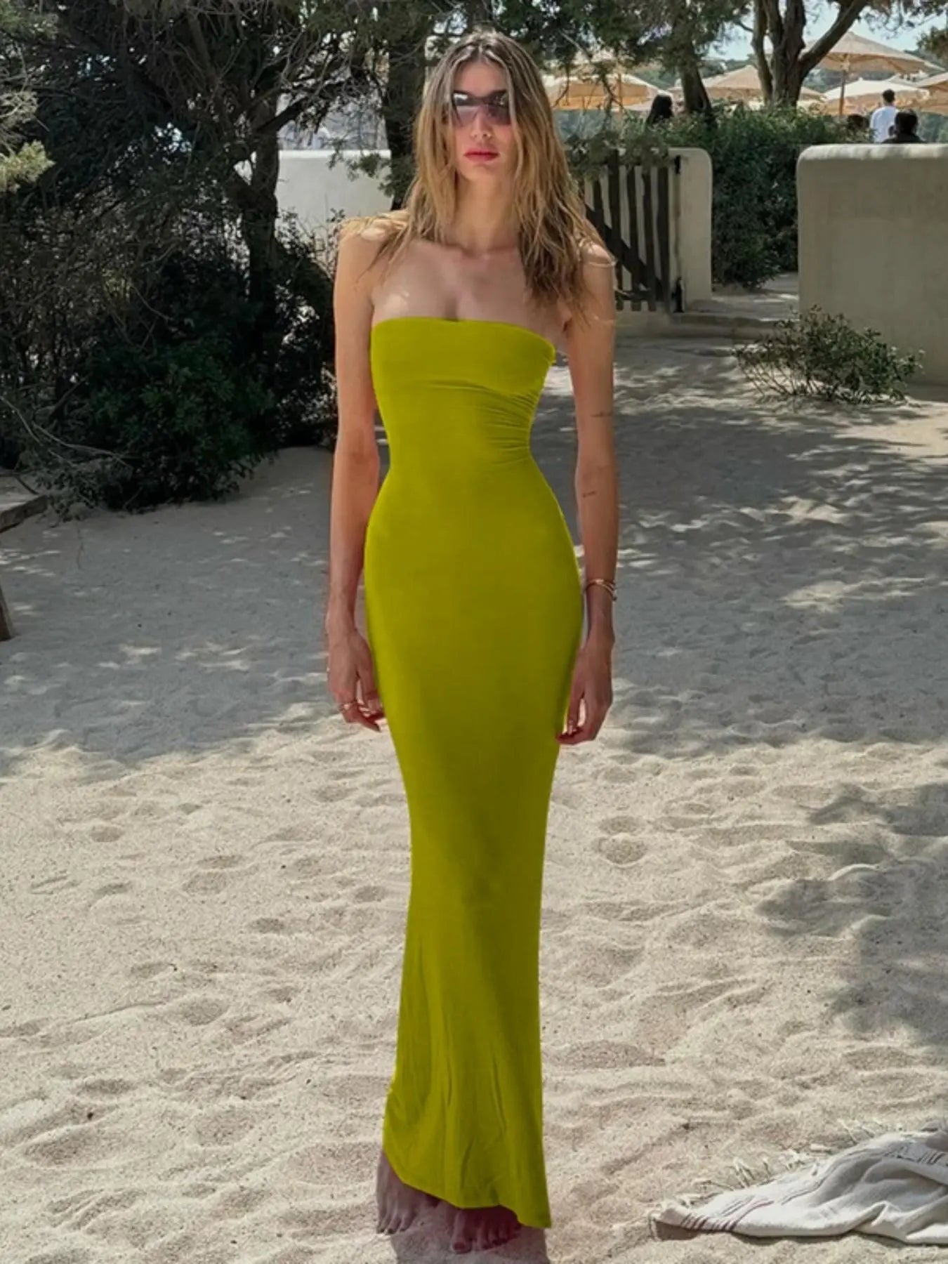 Women's Solid Backless Lace Up Tie Back Bodycon Dress, Elegant Fashion Maxi Tube Dress for Party Club Dating Wear, Ladies Dress for Summer, Strapless Prom Dress