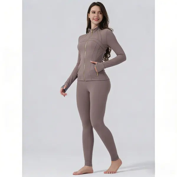 【Golden Zipper】Soft Brushed Women's Sport | Yoga | Quick-dry | Workout Jacket & High Waisted Cropped Leggings. Golden Zipper Jacket with Pockets, Yoga Pants, Thumbholes Design, Casual Slim fit Wear for Women