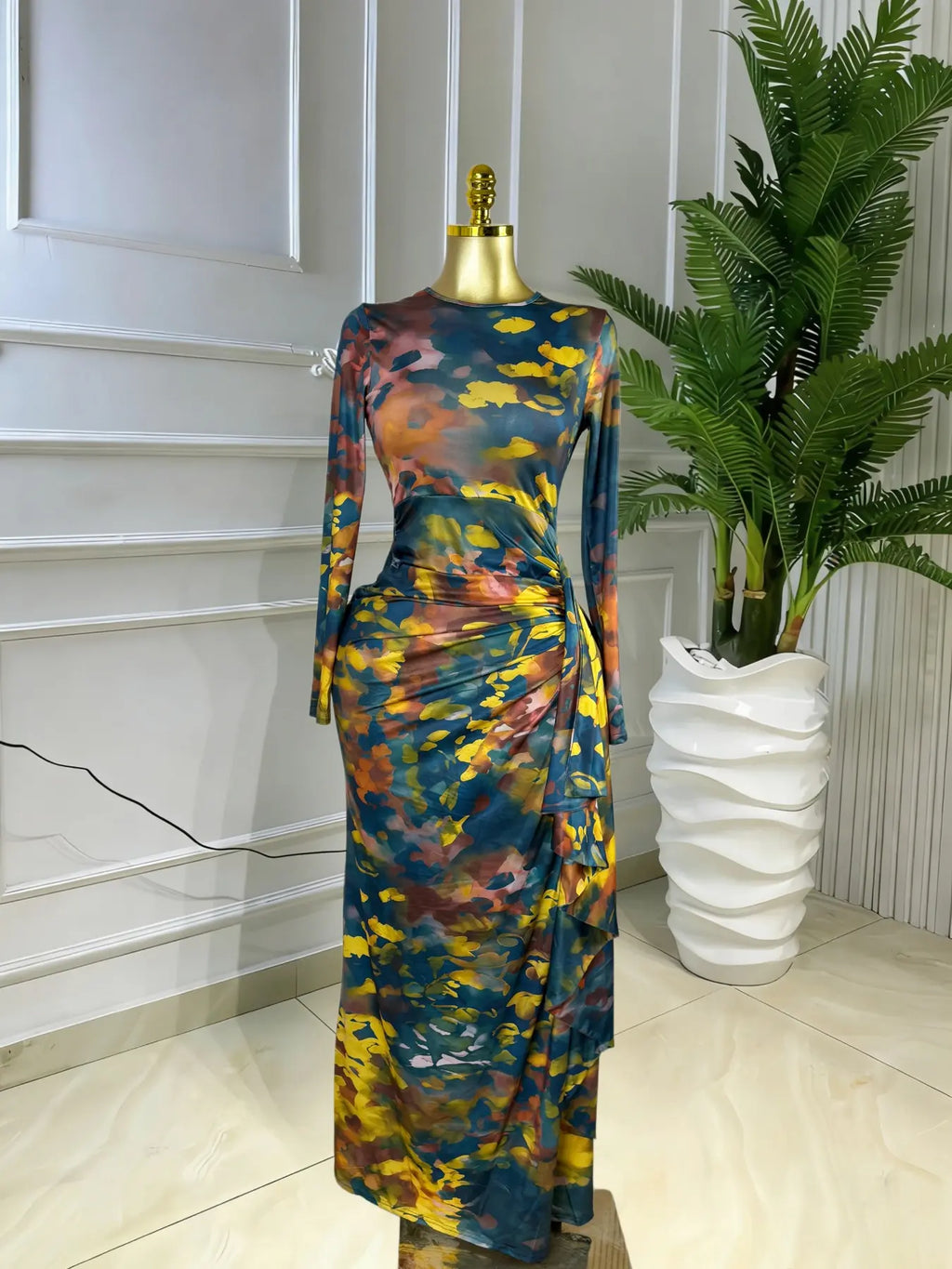 Elegant Feminine Women's Printed O-Neck Long Sleeve Ruffled Satin Belted Long Prom Dress, Club Sexy Evening Party Outfit Gown, Formal Wear, Female Fashion Music Festival Dress,Romantic Lady Skirt,Graduation Season Dress