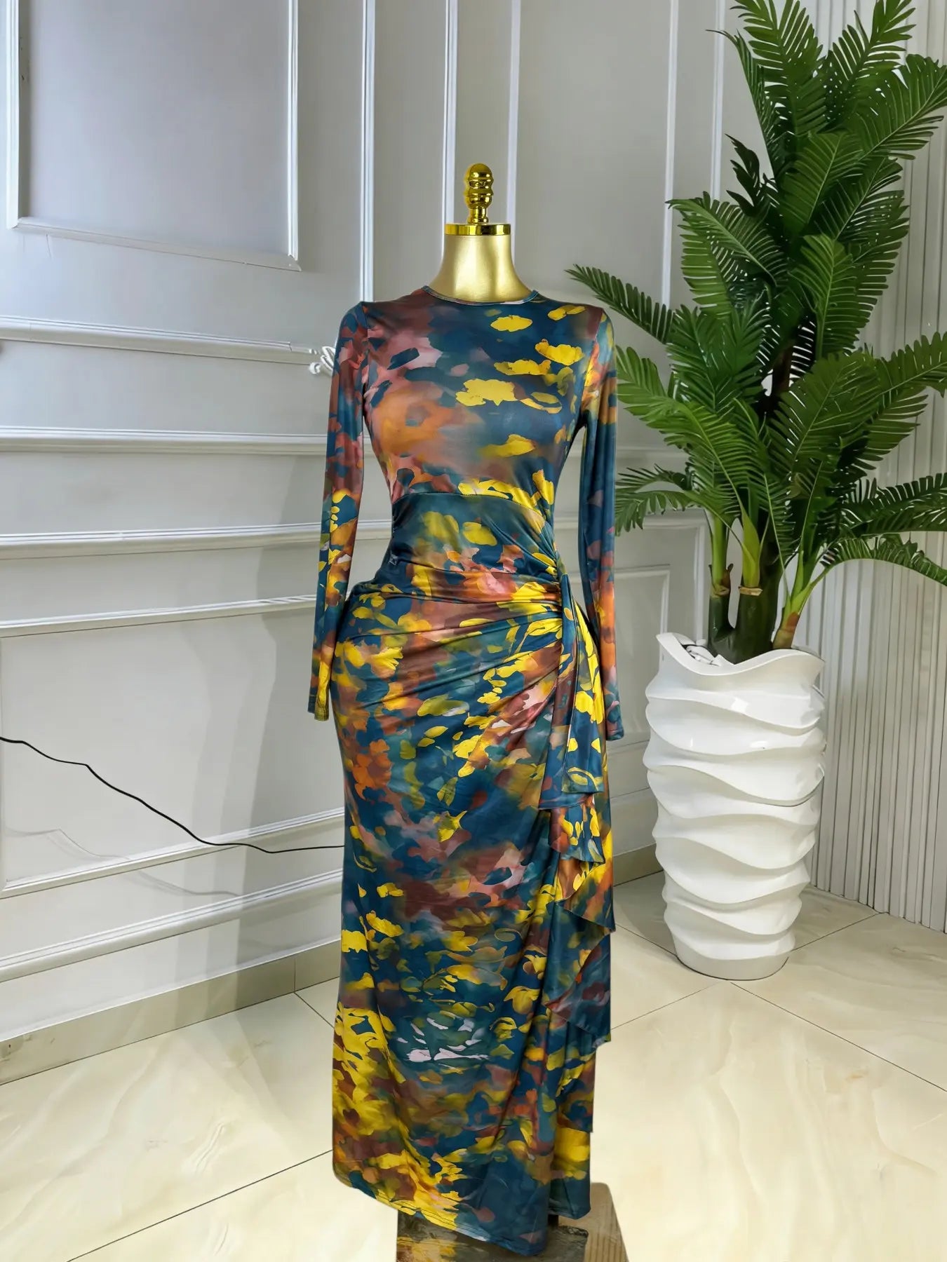 Elegant Feminine Women's Printed O-Neck Long Sleeve Ruffled Satin Belted Long Prom Dress, Club Sexy Evening Party Outfit Gown, Formal Wear, Female Fashion Music Festival Dress,Romantic Lady Skirt,Graduation Season Dress