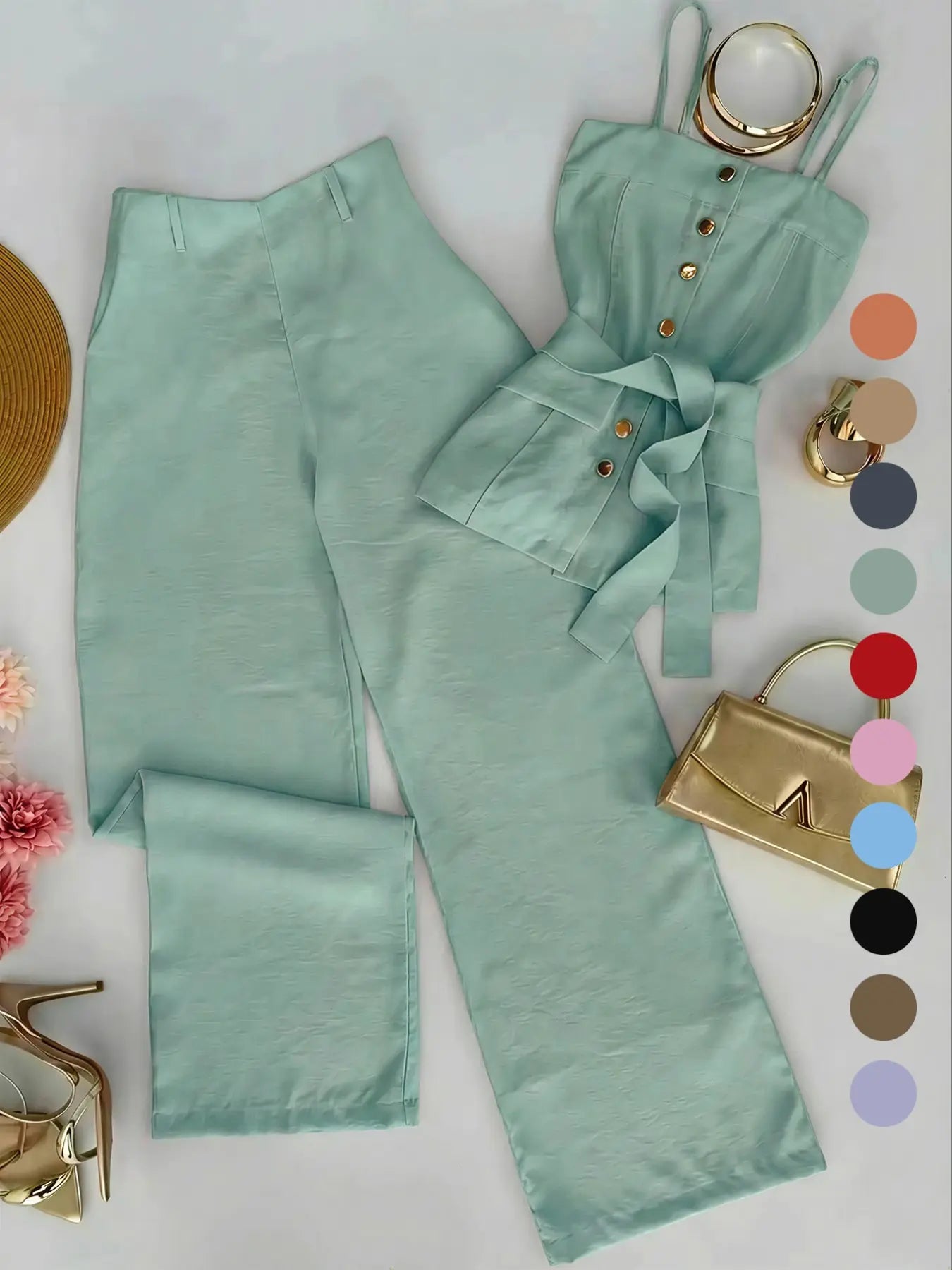 New Women's Solid Color Strappy Top & Long Pants Two-Piece Set, Outfit, Minimalist Basic Versatile Casual Wear, Comfortable and Stylish, Perfect for Daily Use