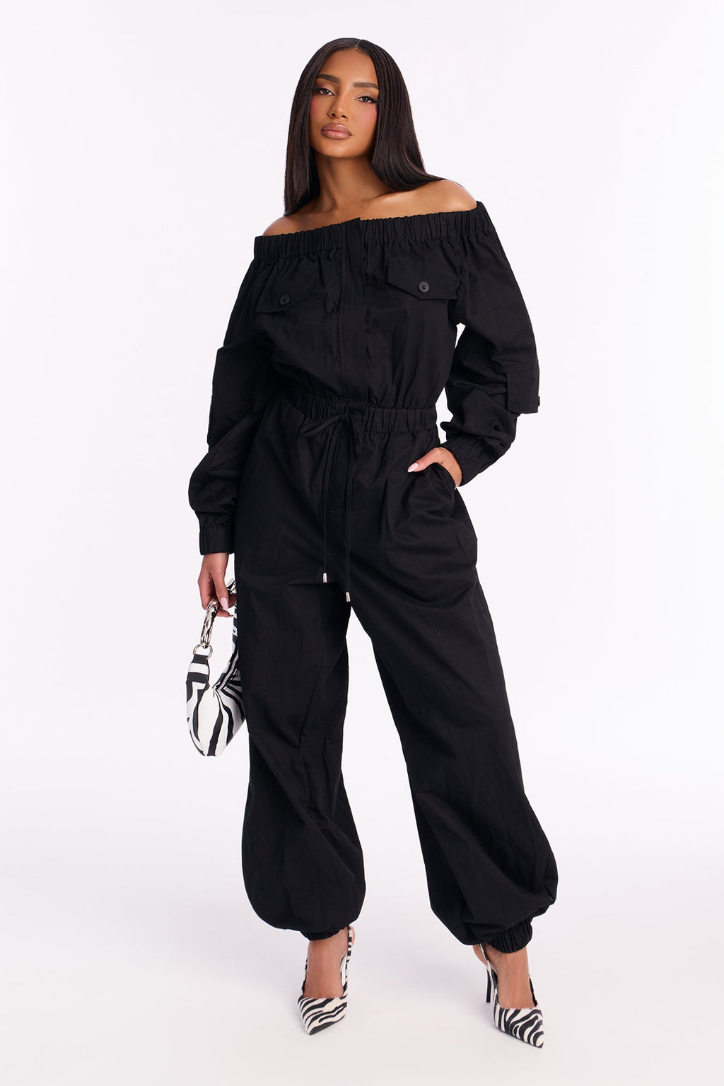 Tasha Off Shoulder Balloon Leg Jumpsuit - Black