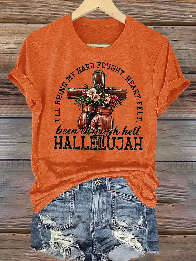 Women's  I'll Bring My Hard Fought Hallelujah Christian Cross Boxing Gloves T-Shirt
