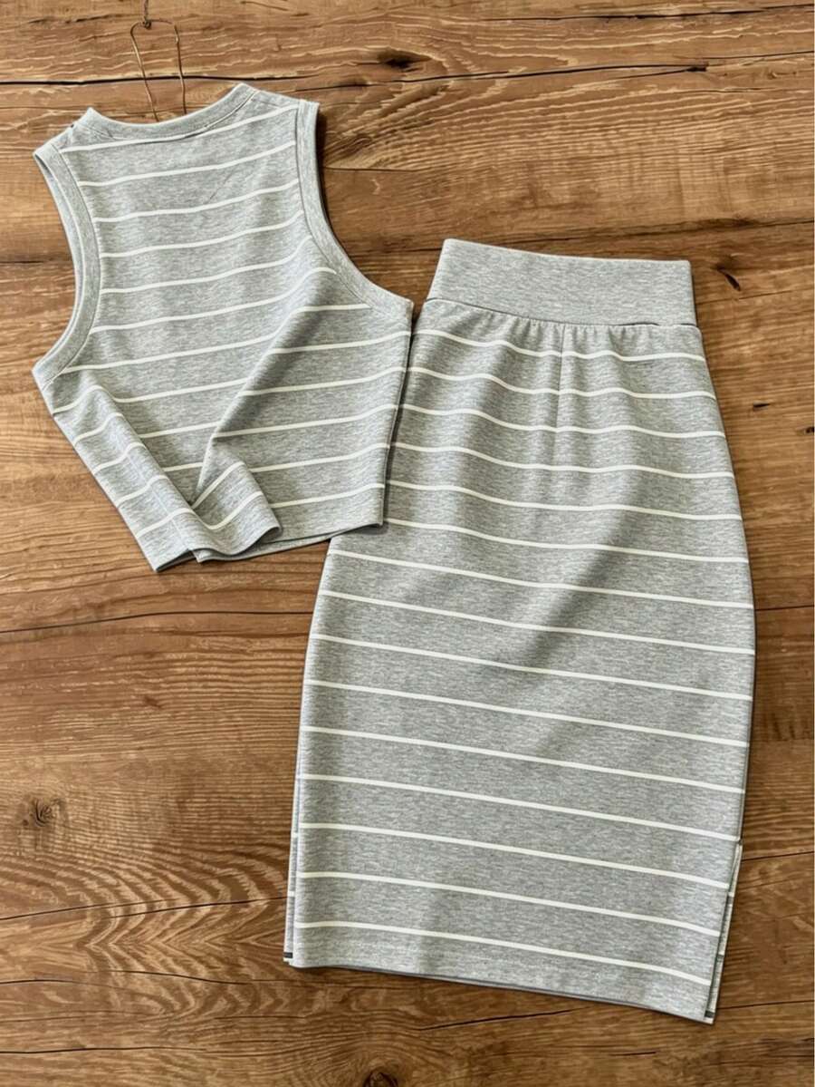 UREREM Women's Striped Contrast Color Casual Elegant Party Ribbed Slit Beach Vest And Skirt 2-Piece Set Summer