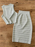 UREREM Women's Striped Contrast Color Casual Elegant Party Ribbed Slit Beach Vest And Skirt 2-Piece Set Summer