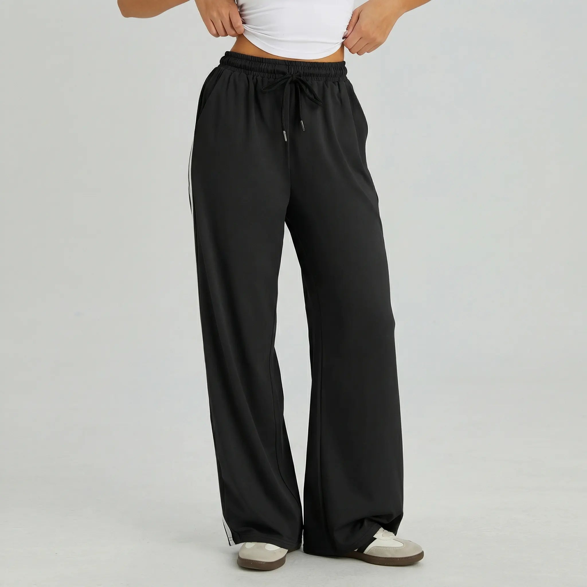 Women's Casual High Waist Striped Wide Leg Trousers, Sporty Drawstring Waist Side Pocket Outfit, Minimalist Versatile Women's Bottom