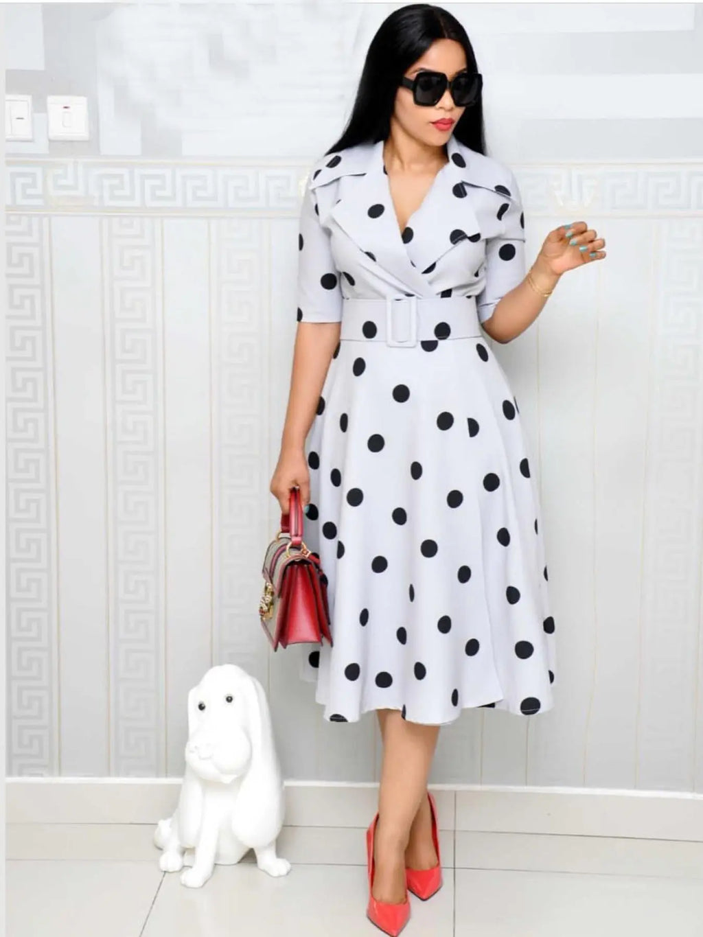 Elegant Chic Women's Midi Dress with Belt, Polka Dot Pattern, Short Sleeve